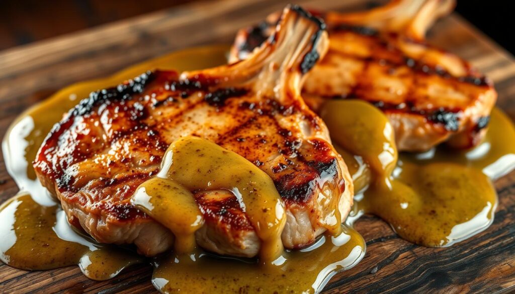 Garlic butter sauce poured over pork chops