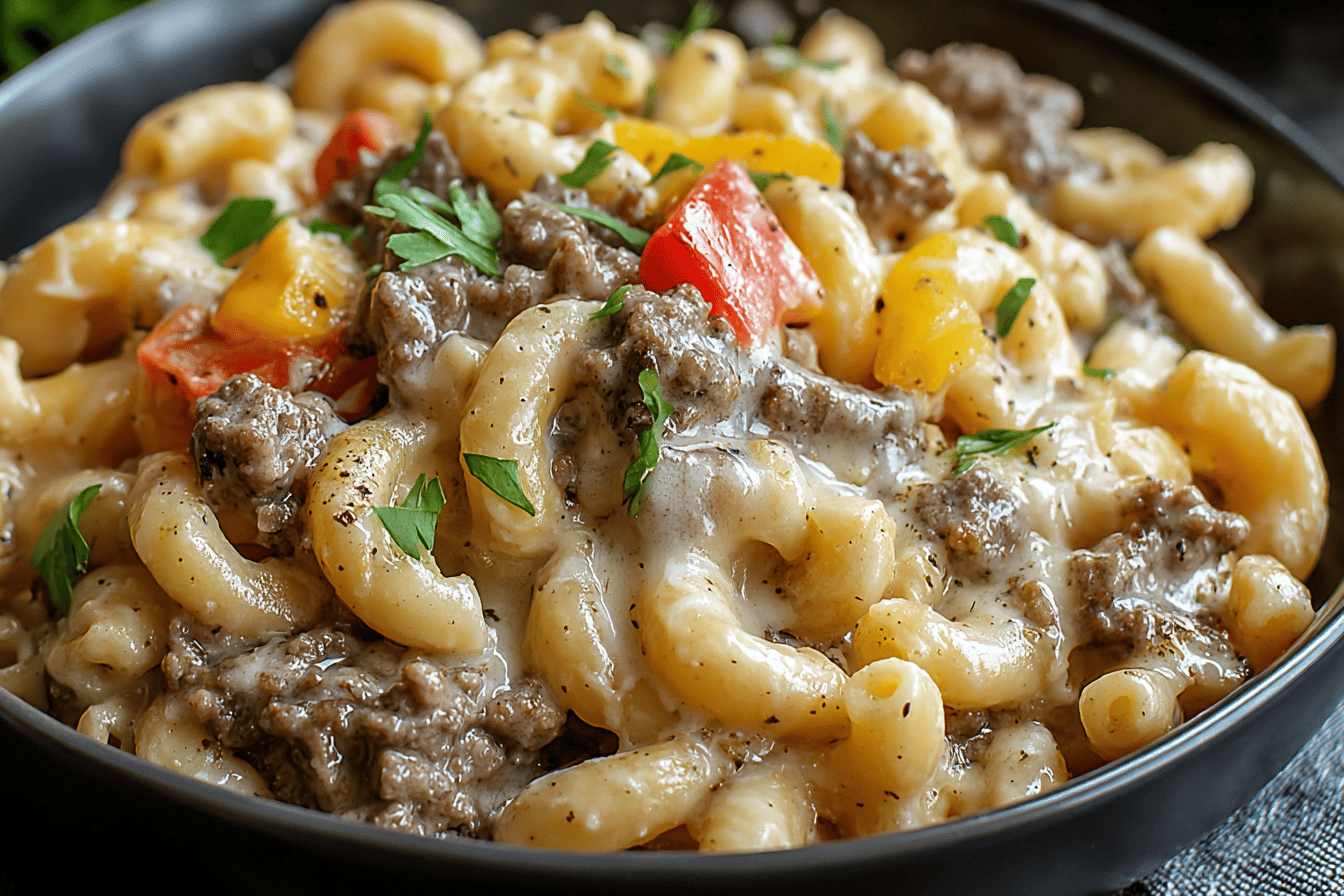 High Protein Philly Cheesesteak Mac